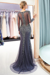 Grey Long Sleeves Mermaid V-neck Beaded Tulle Evening Dresses-27dress